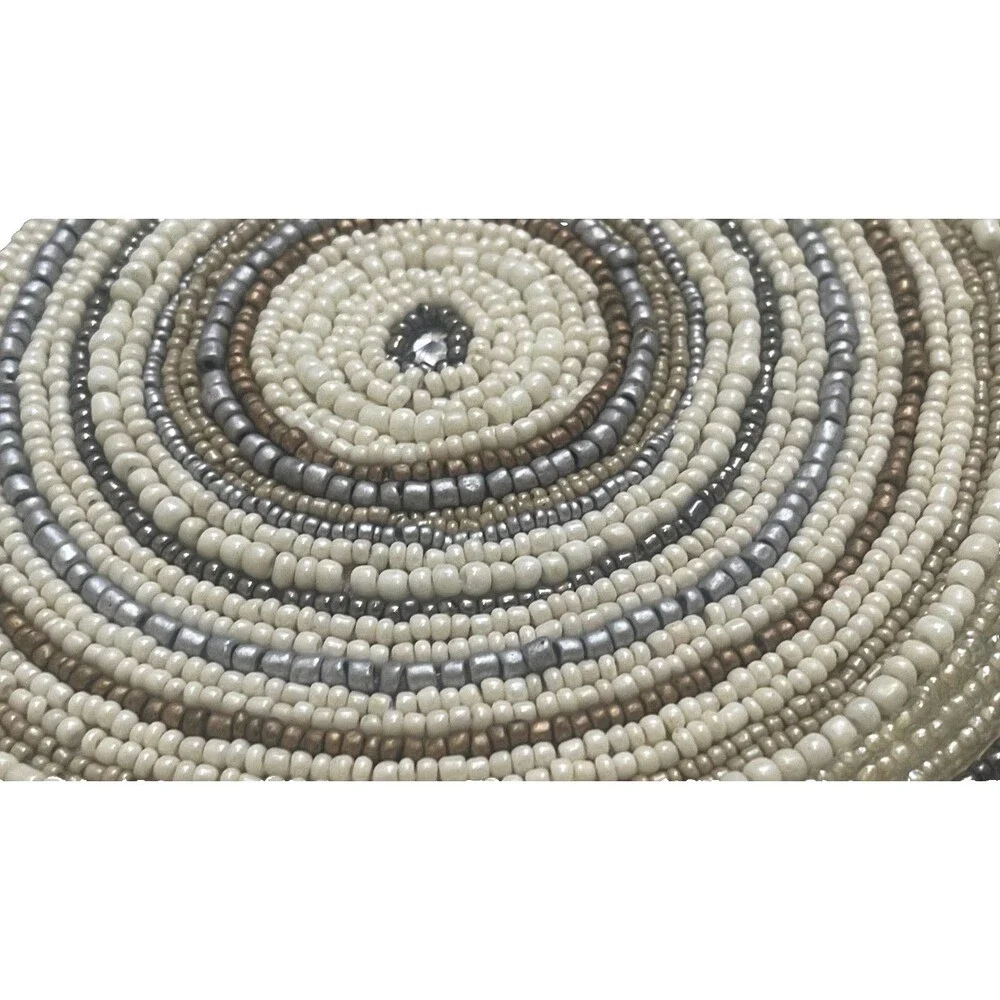 Pier 1 One Beaded Table Runner Round Concentric Medallion Boho Circles Tan Gray